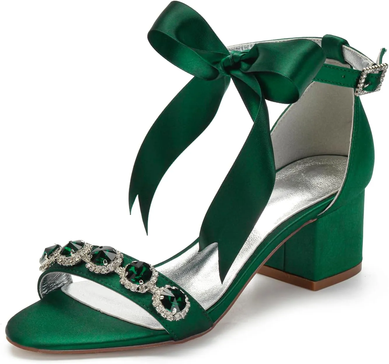 Women's Low Block Heels Sandals Peep Toe Chunky Ankle Strap Crystal Wedding Dress Shoes with Bow