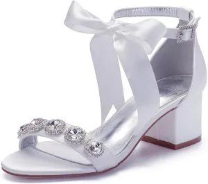 Women's Low Block Heels Sandals Peep Toe Chunky Ankle Strap Crystal Wedding Dress Shoes with Bow