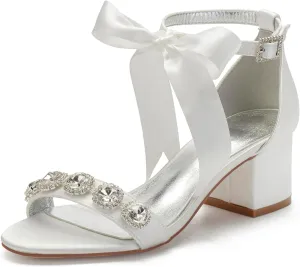 Women's Low Block Heels Sandals Peep Toe Chunky Ankle Strap Crystal Wedding Dress Shoes with Bow