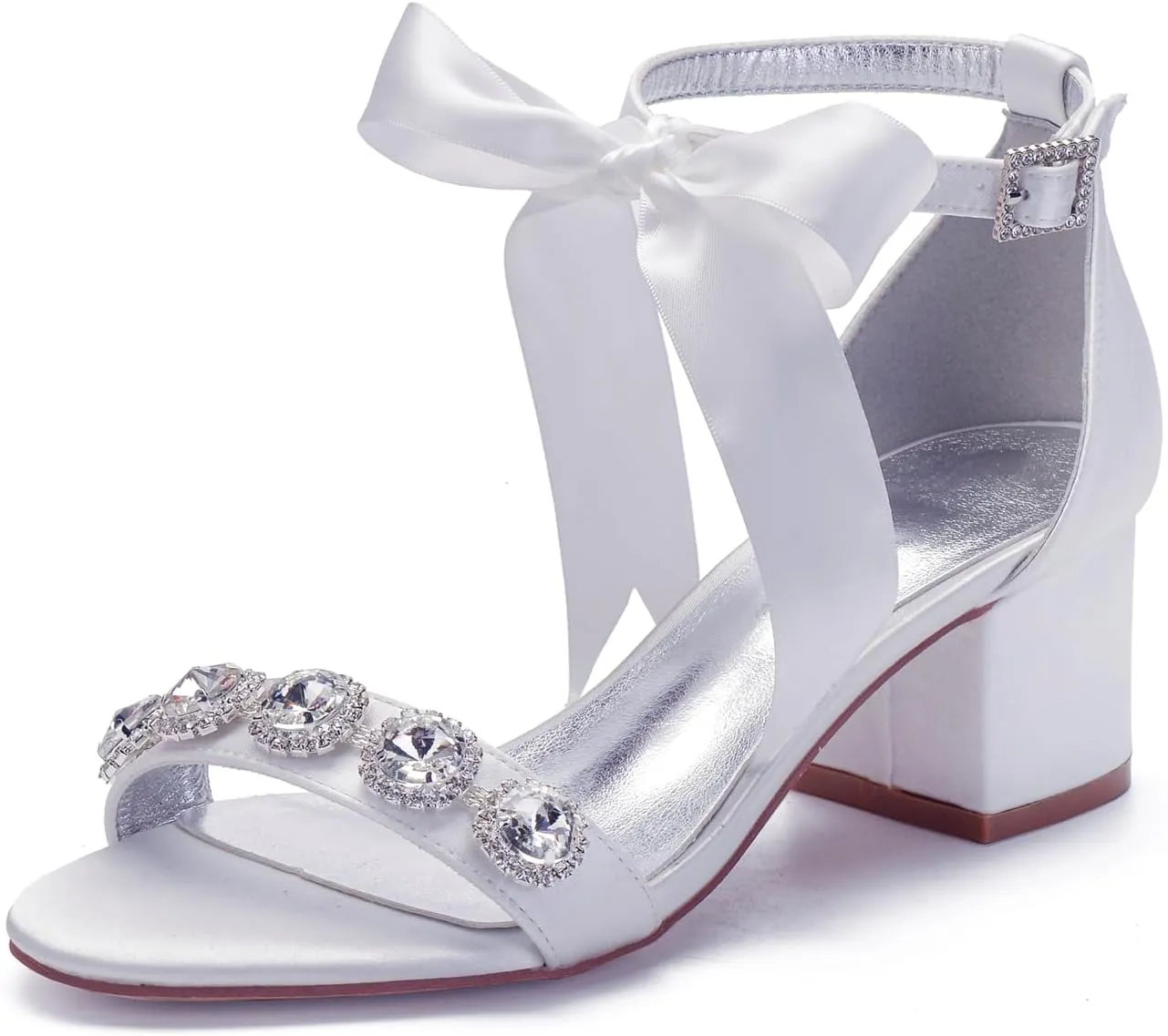 Women's Low Block Heels Sandals Peep Toe Chunky Ankle Strap Crystal Wedding Dress Shoes with Bow