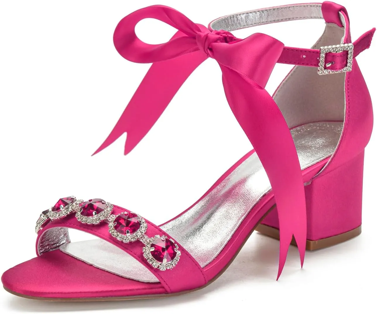 Women's Low Block Heels Sandals Peep Toe Chunky Ankle Strap Crystal Wedding Dress Shoes with Bow
