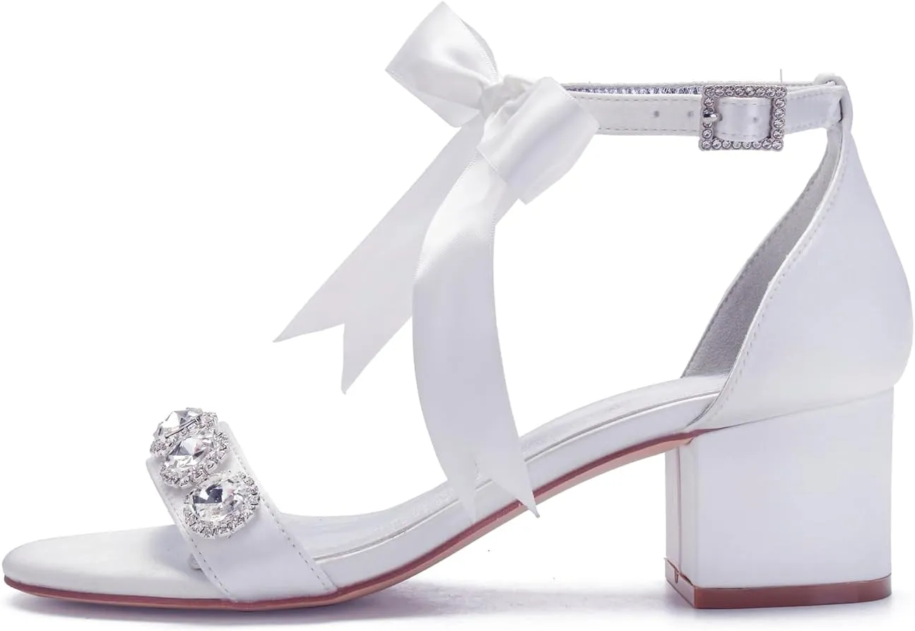 Women's Low Block Heels Sandals Peep Toe Chunky Ankle Strap Crystal Wedding Dress Shoes with Bow