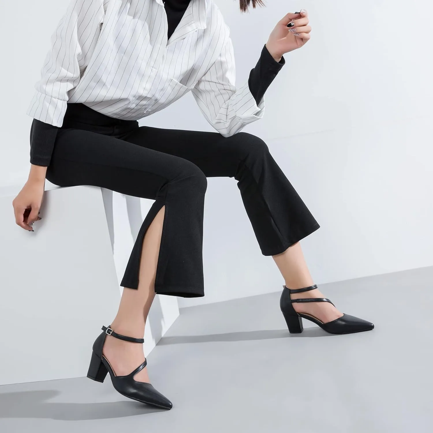 Women's Low Heel Pumps Closed Pointed Toe Block Chunky Heel Cross Strap Wedding Bridal Party Dress Shoes