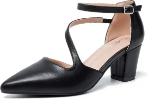 Women's Low Heel Pumps Closed Pointed Toe Block Chunky Heel Cross Strap Wedding Bridal Party Dress Shoes
