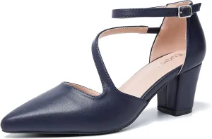 Women's Low Heel Pumps Closed Pointed Toe Block Chunky Heel Cross Strap Wedding Bridal Party Dress Shoes