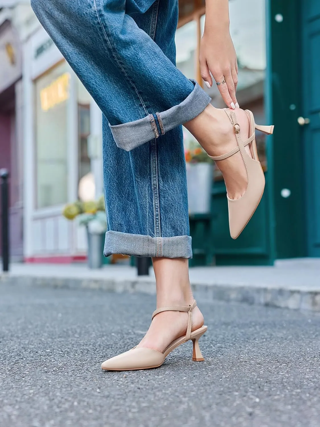 Womens Low Kitten Heel Closed Pointed Toe Slingback Pumps Heels Slip On Heeled Sandals Dress Shoes