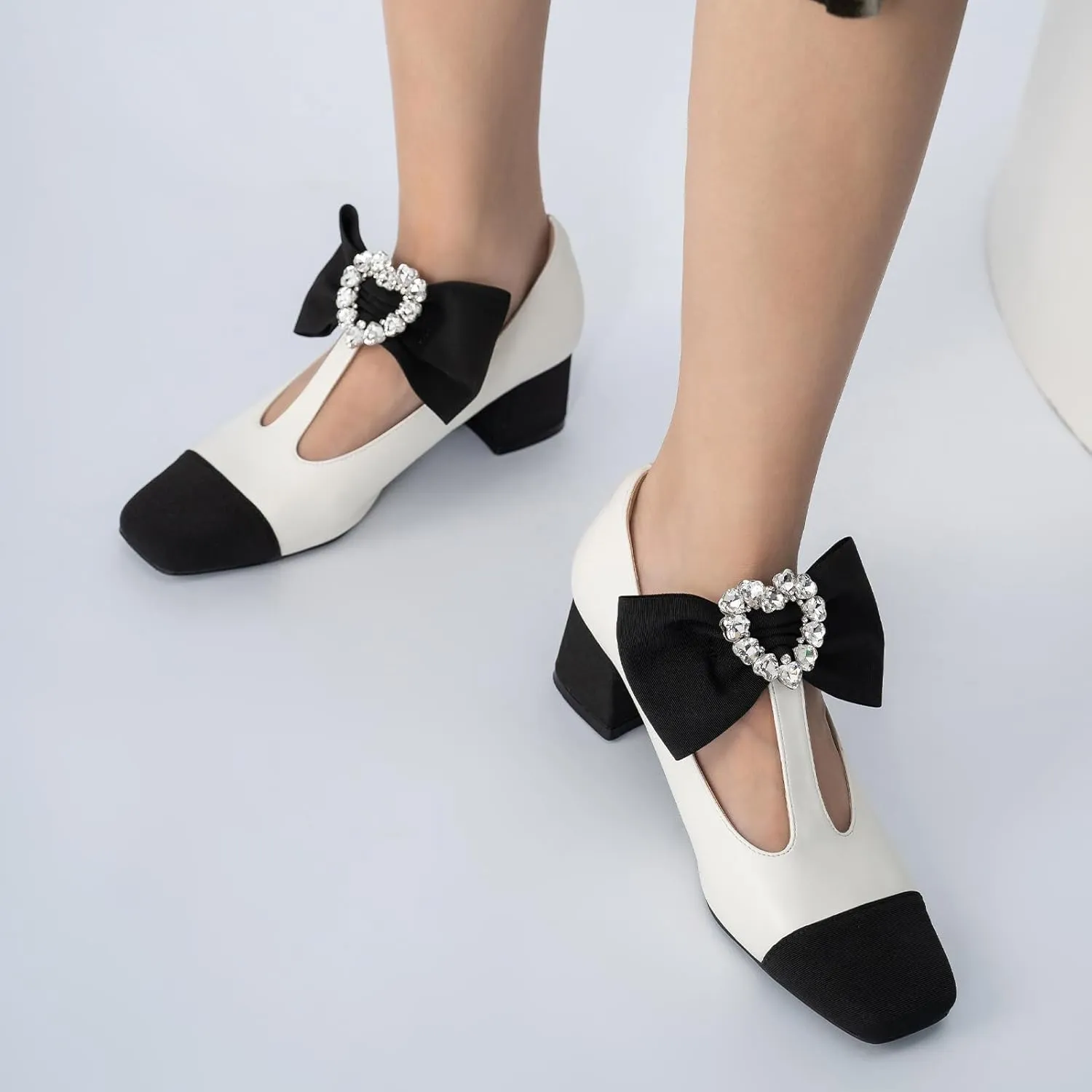 Women's Mary Jane Shoes - Square Toe Ankle T-Strap Chunky Heel Pumps with Glitter Bow Two-Tone Design
