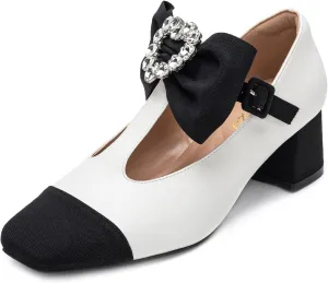 Women's Mary Jane Shoes - Square Toe Ankle T-Strap Chunky Heel Pumps with Glitter Bow Two-Tone Design