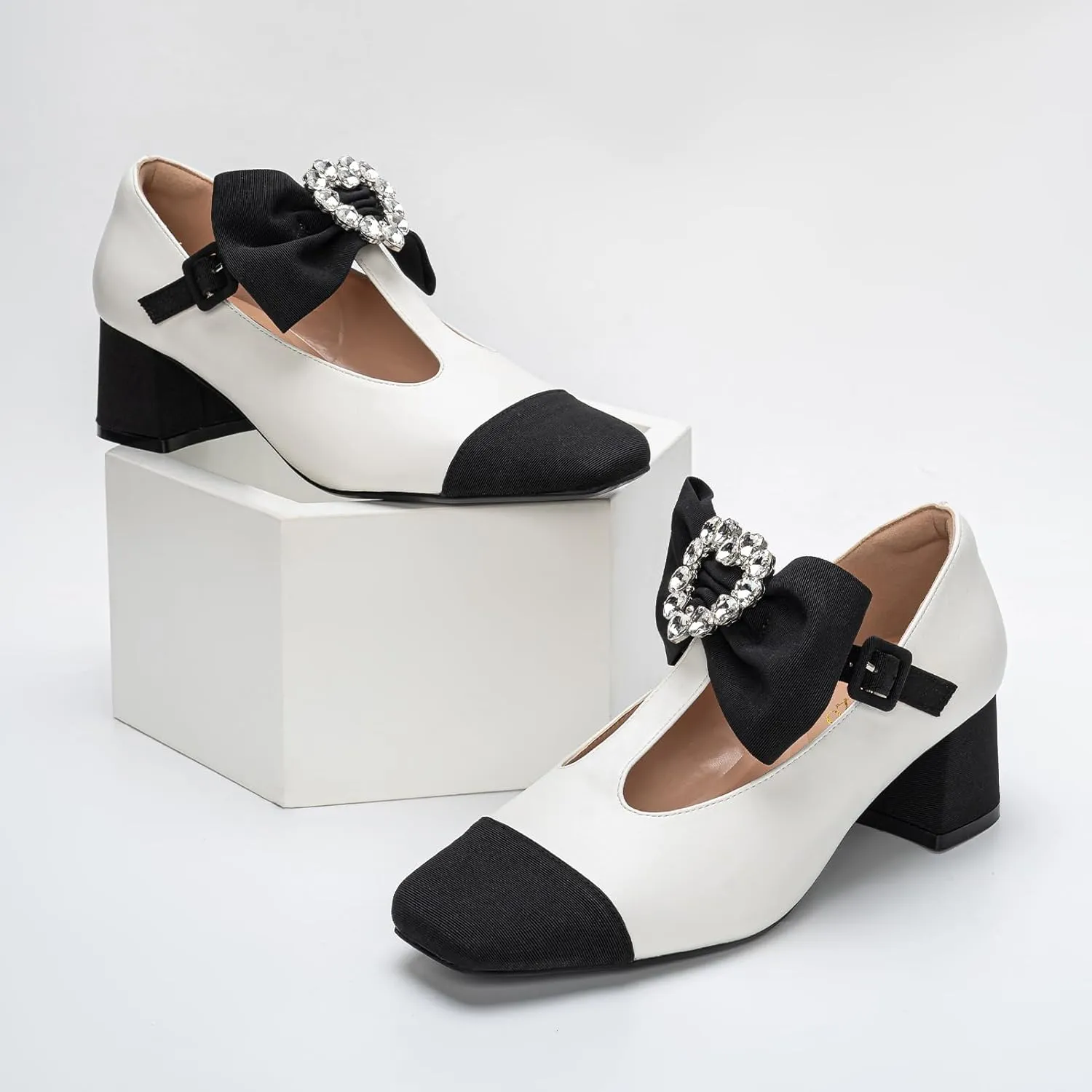 Women's Mary Jane Shoes - Square Toe Ankle T-Strap Chunky Heel Pumps with Glitter Bow Two-Tone Design
