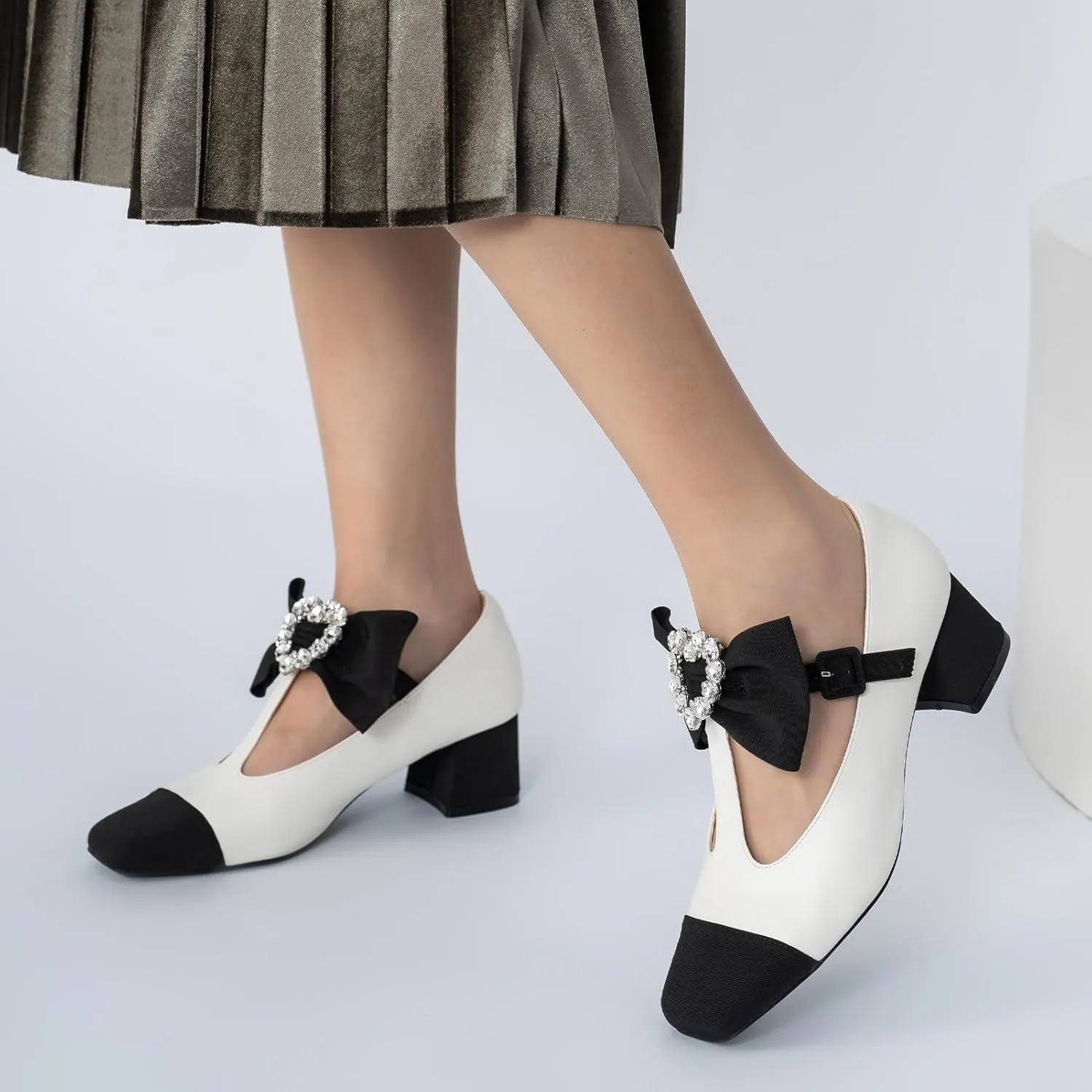 Women's Mary Jane Shoes - Square Toe Ankle T-Strap Chunky Heel Pumps with Glitter Bow Two-Tone Design