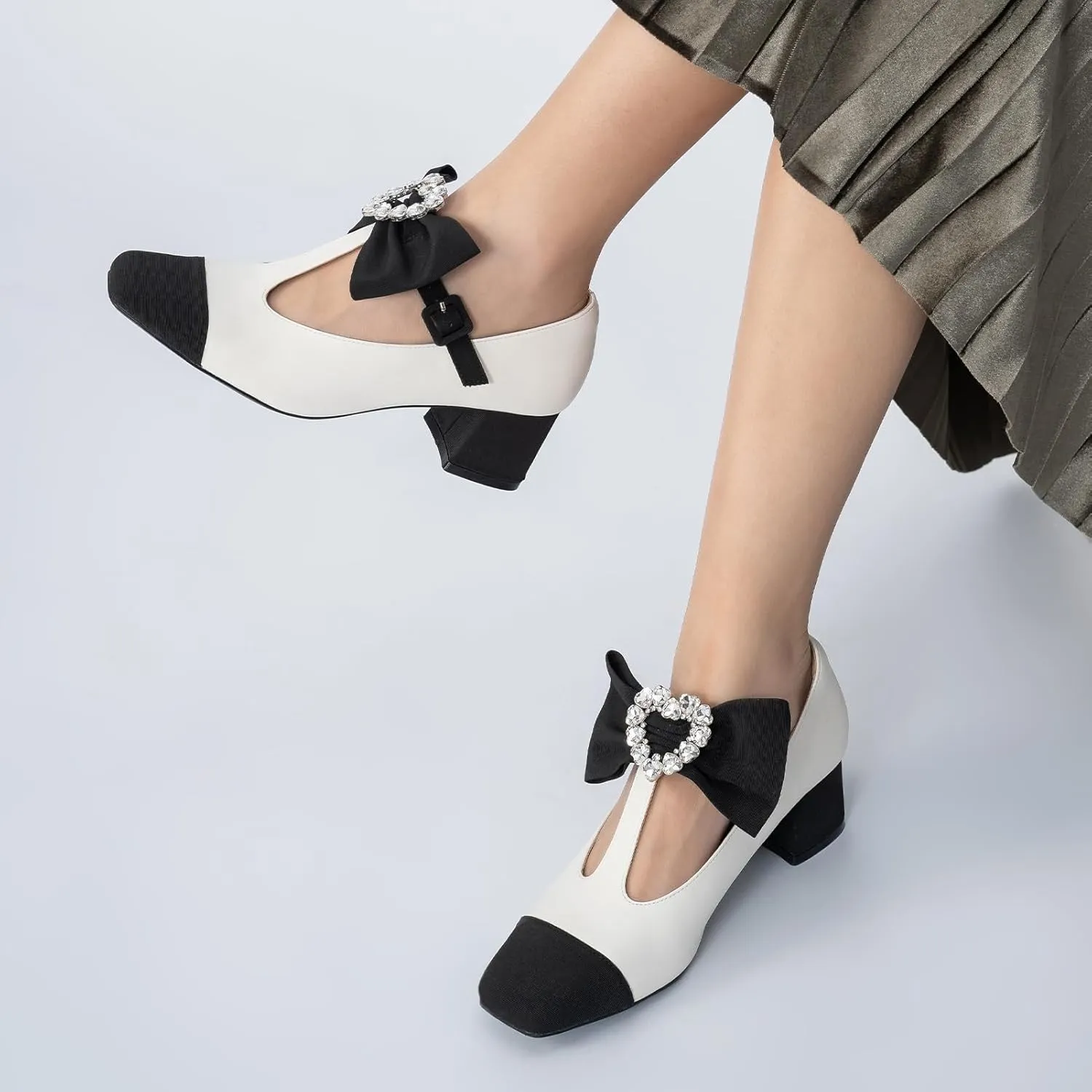 Women's Mary Jane Shoes - Square Toe Ankle T-Strap Chunky Heel Pumps with Glitter Bow Two-Tone Design