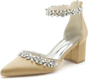 Women's Pointed Toe Block Heels Crystal Chunky Wedding Pumps Dress Shoes Low Heel Comfortable Pump Sandals