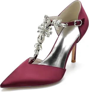 Women's Pointed Toe Crystal T-Strap Ankle Strap High Heel Stiletto Pumps Wedding Dress Shoes 3.35in