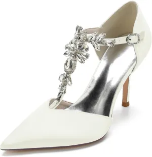 Women's Pointed Toe Crystal T-Strap Ankle Strap High Heel Stiletto Pumps Wedding Dress Shoes 3.35in