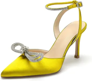 Women's Pointed Toe High Stilettos Satin Ankle Strap Crystal Pumps Wedding Bridal Party Dress Heeled Sandals