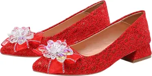 Women's Pointed Toe Rhinestone Bow Silk Low Heel Pumps Luxurious Crystal Comfortable Block Heel Slip-On Wedding Formal Work Shoes