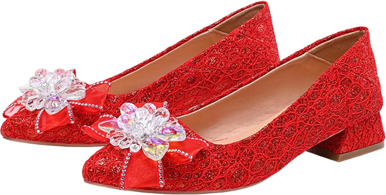 Women's Pointed Toe Rhinestone Bow Silk Low Heel Pumps Luxurious Crystal Comfortable Block Heel Slip-On Wedding Formal Work Shoes
