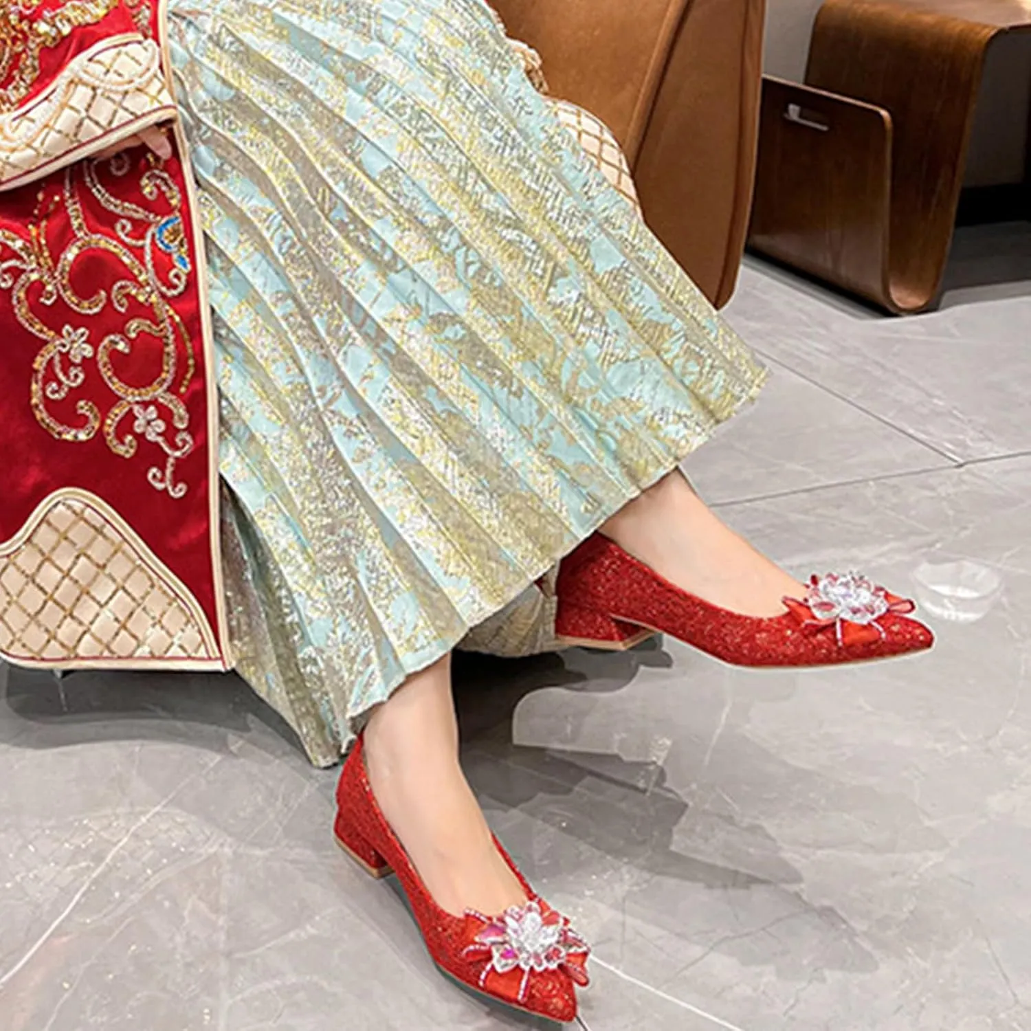 Women's Pointed Toe Rhinestone Bow Silk Low Heel Pumps Luxurious Crystal Comfortable Block Heel Slip-On Wedding Formal Work Shoes