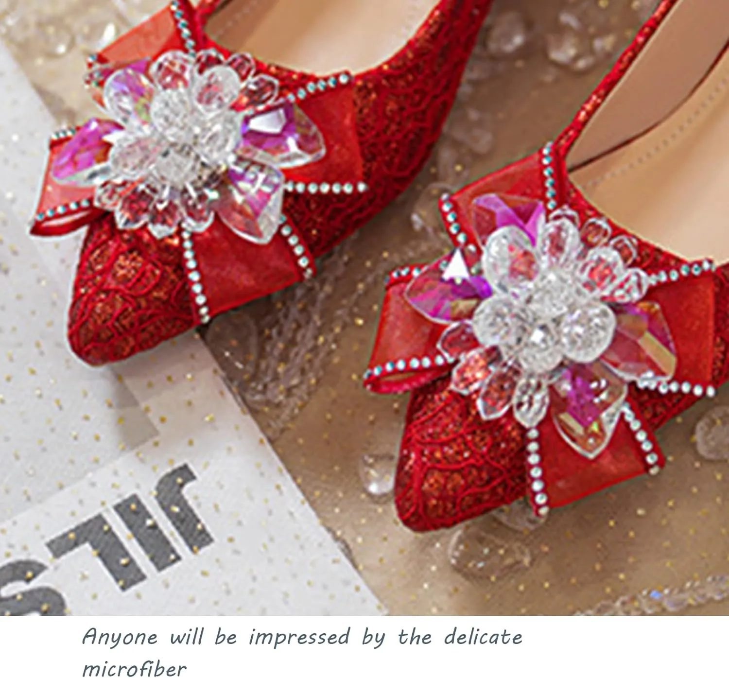 Women's Pointed Toe Rhinestone Bow Silk Low Heel Pumps Luxurious Crystal Comfortable Block Heel Slip-On Wedding Formal Work Shoes