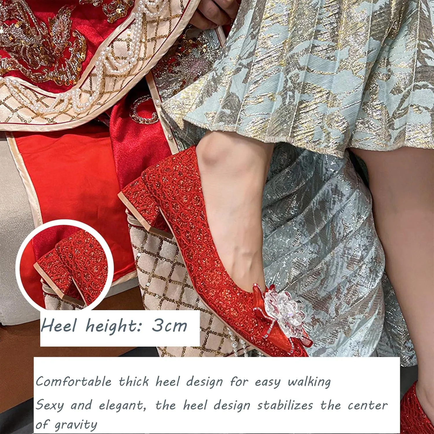 Women's Pointed Toe Rhinestone Bow Silk Low Heel Pumps Luxurious Crystal Comfortable Block Heel Slip-On Wedding Formal Work Shoes