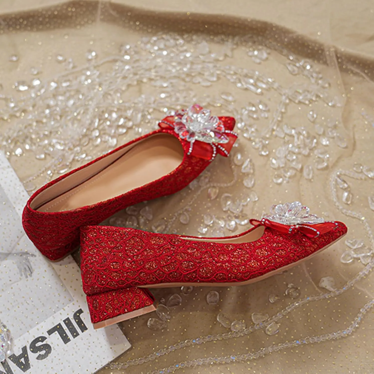 Women's Pointed Toe Rhinestone Bow Silk Low Heel Pumps Luxurious Crystal Comfortable Block Heel Slip-On Wedding Formal Work Shoes