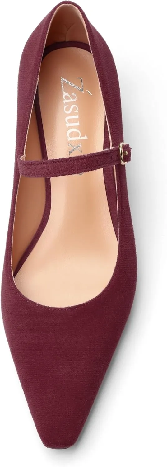 Women's Pumps Low Kitten Heel Mary Janes Closed Suede Pointed Toe Dress Shoes for Women Party Wedding Office 1.4 Inch