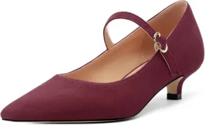 Women's Pumps Low Kitten Heel Mary Janes Closed Suede Pointed Toe Dress Shoes for Women Party Wedding Office 1.4 Inch
