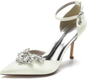 Women's Satin Pointed Toe Crystal Flower Ankle Strap 3.35in High Heel Stiletto Pumps Wedding Dress Shoes