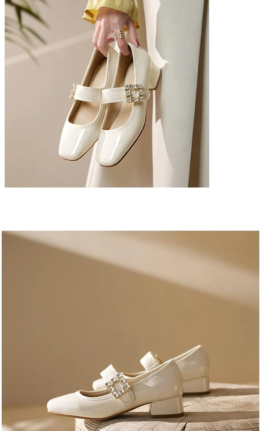 Women's Single Shoe Retro Rhinestone Square Toe Low Heels 2022 Spring New Flats Large Size Women's PU Patent Leather Chunky Heel Shoes 40/43