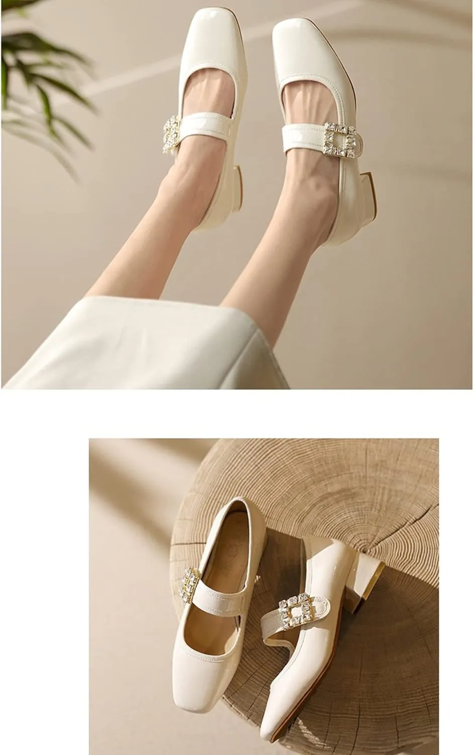 Women's Single Shoe Retro Rhinestone Square Toe Low Heels 2022 Spring New Flats Large Size Women's PU Patent Leather Chunky Heel Shoes 40/43