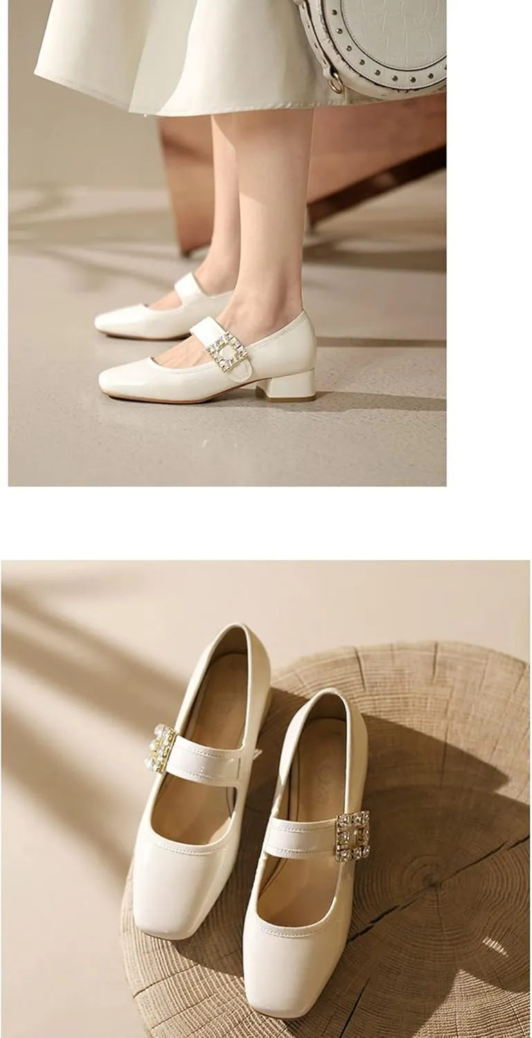 Women's Single Shoe Retro Rhinestone Square Toe Low Heels 2022 Spring New Flats Large Size Women's PU Patent Leather Chunky Heel Shoes 40/43