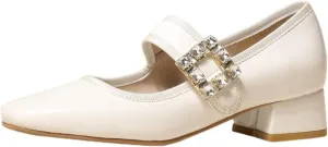 Women's Single Shoe Retro Rhinestone Square Toe Low Heels 2022 Spring New Flats Large Size Women's PU Patent Leather Chunky Heel Shoes 40/43