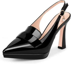 Women's Slingback High Heel Pointed Toe Platform Pumps Buckle Strap Patent Leather Dress Shoes