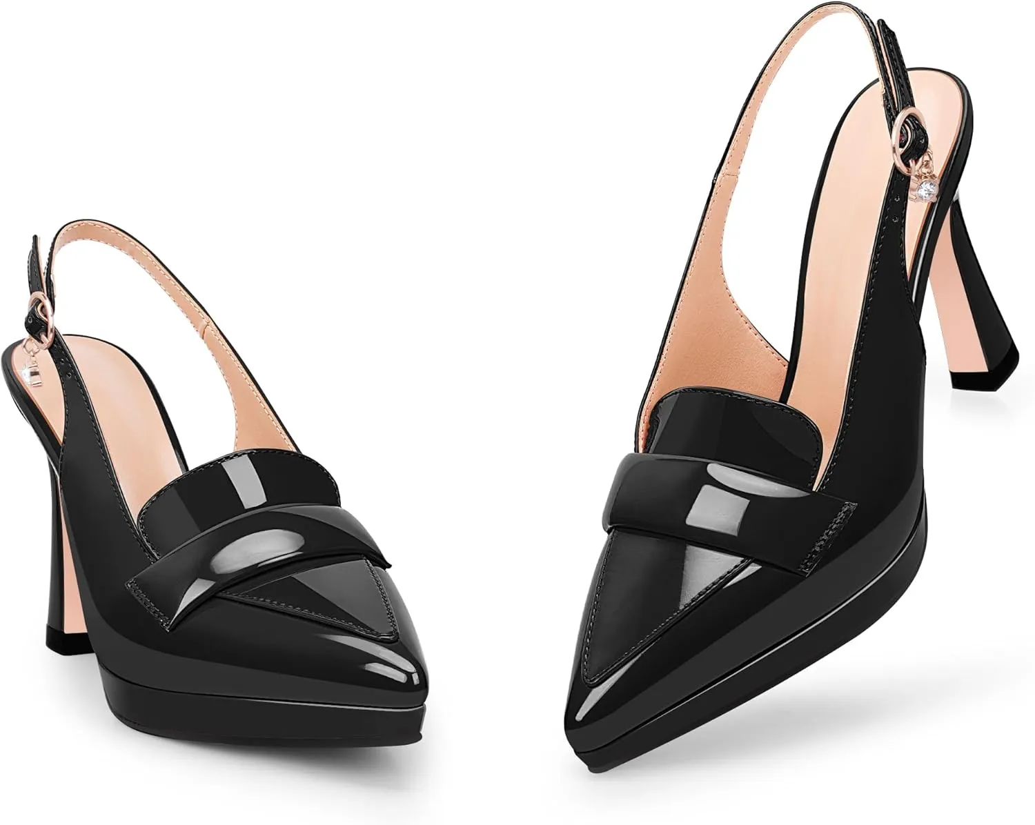 Women's Slingback High Heel Pointed Toe Platform Pumps Buckle Strap Patent Leather Dress Shoes