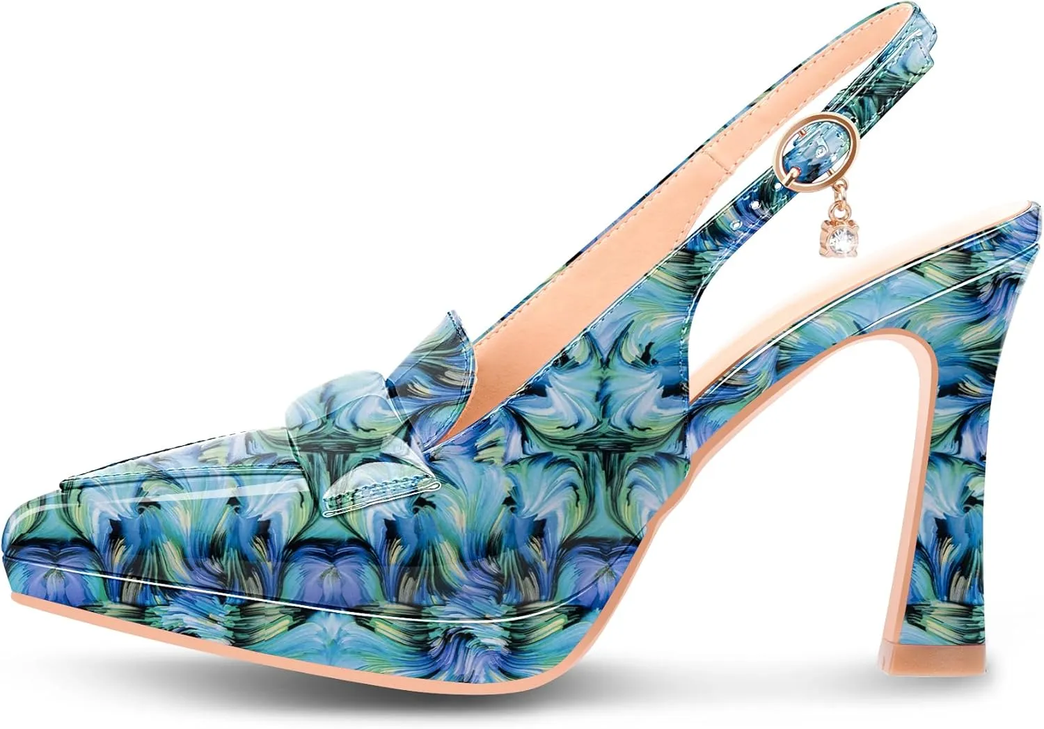 Women's Slingback High Heel Pointed Toe Platform Pumps Buckle Strap Patent Leather Dress Shoes