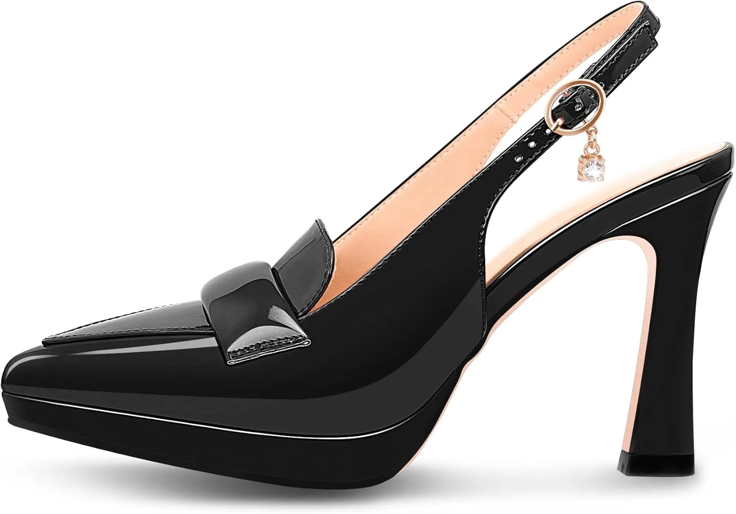 Women's Slingback High Heel Pointed Toe Platform Pumps Buckle Strap Patent Leather Dress Shoes