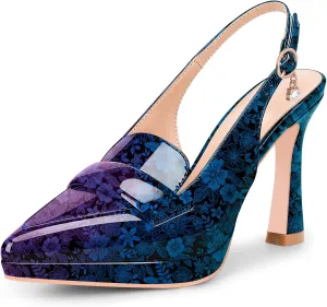 Women's Slingback High Heel Pointed Toe Platform Pumps Buckle Strap Patent Leather Dress Shoes