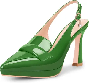 Women's Slingback High Heel Pointed Toe Platform Pumps Buckle Strap Patent Leather Dress Shoes