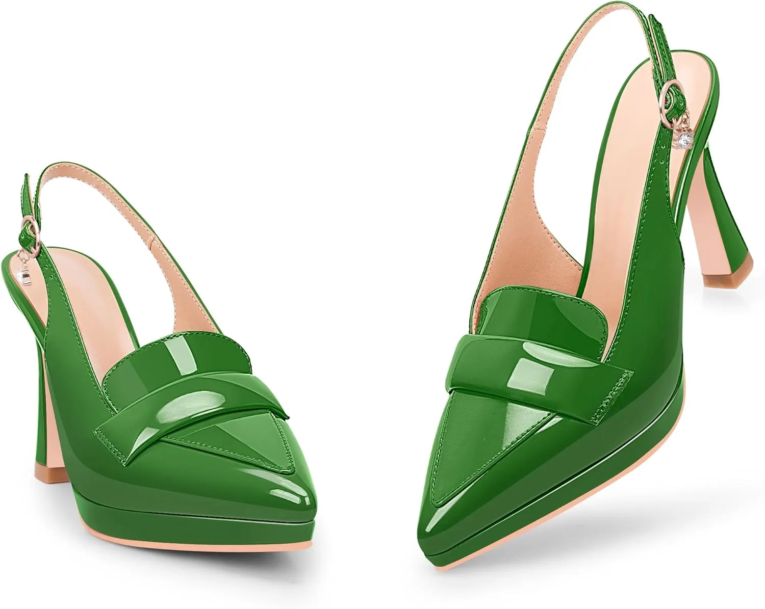 Women's Slingback High Heel Pointed Toe Platform Pumps Buckle Strap Patent Leather Dress Shoes