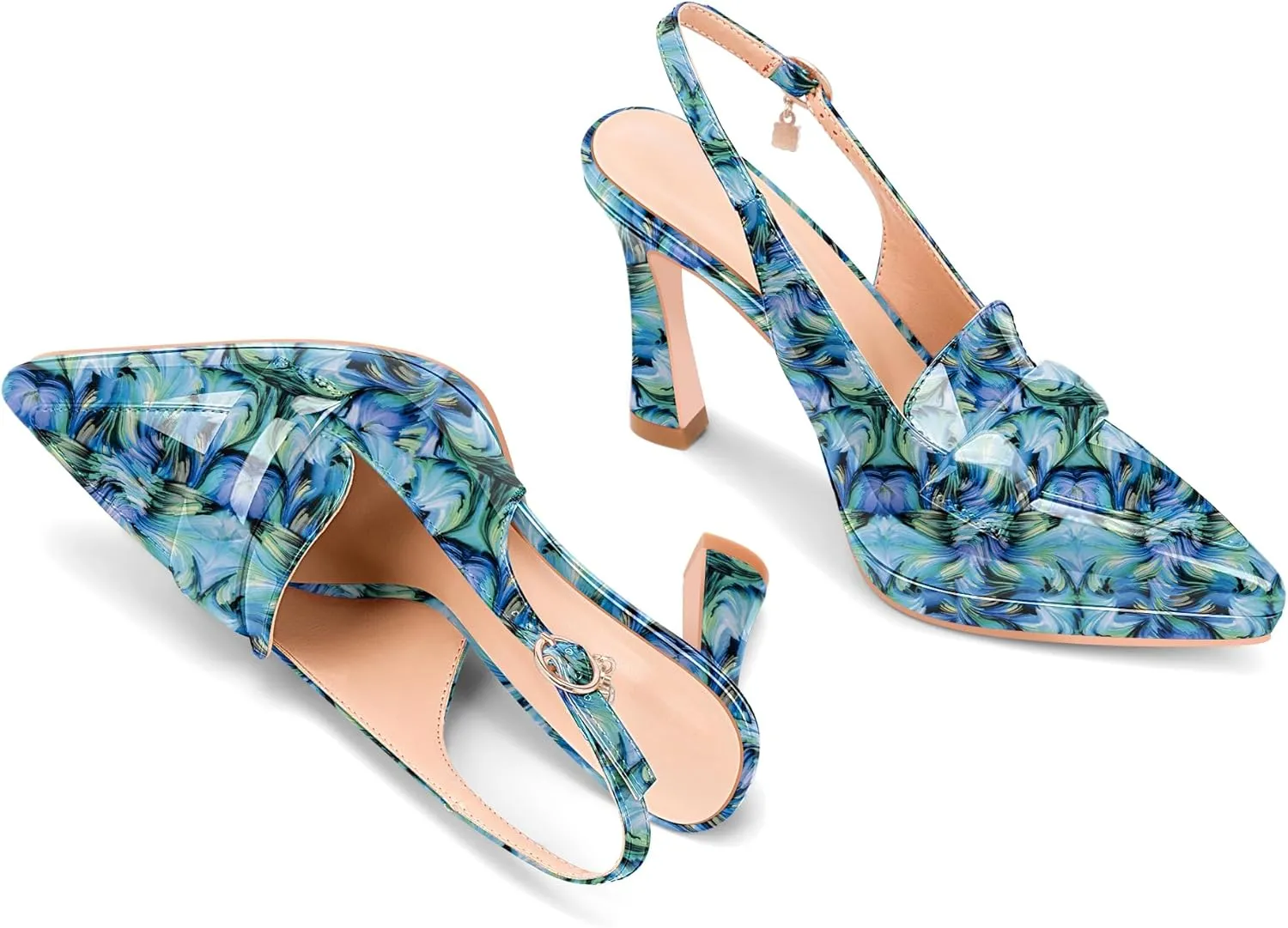 Women's Slingback High Heel Pointed Toe Platform Pumps Buckle Strap Patent Leather Dress Shoes