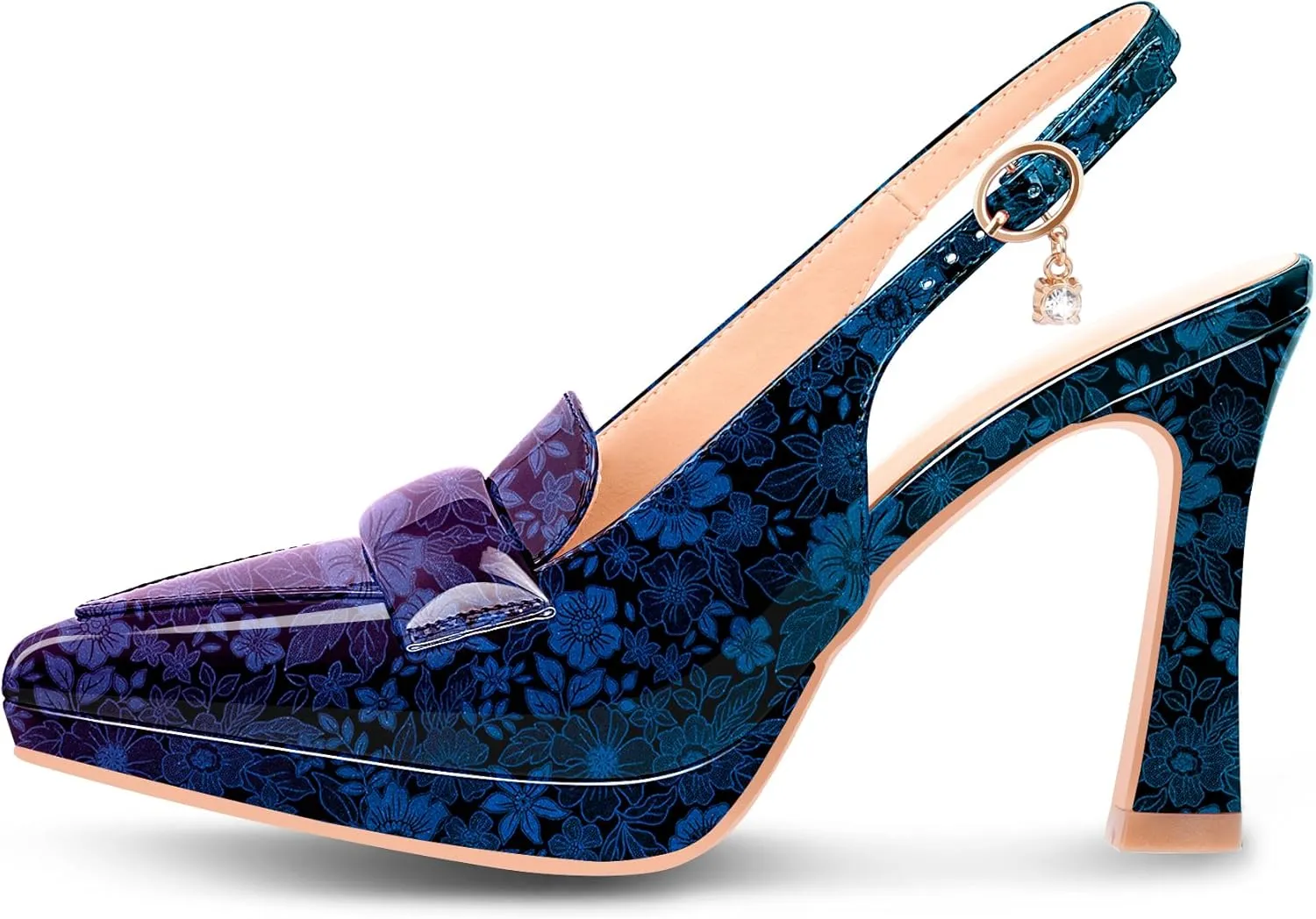 Women's Slingback High Heel Pointed Toe Platform Pumps Buckle Strap Patent Leather Dress Shoes