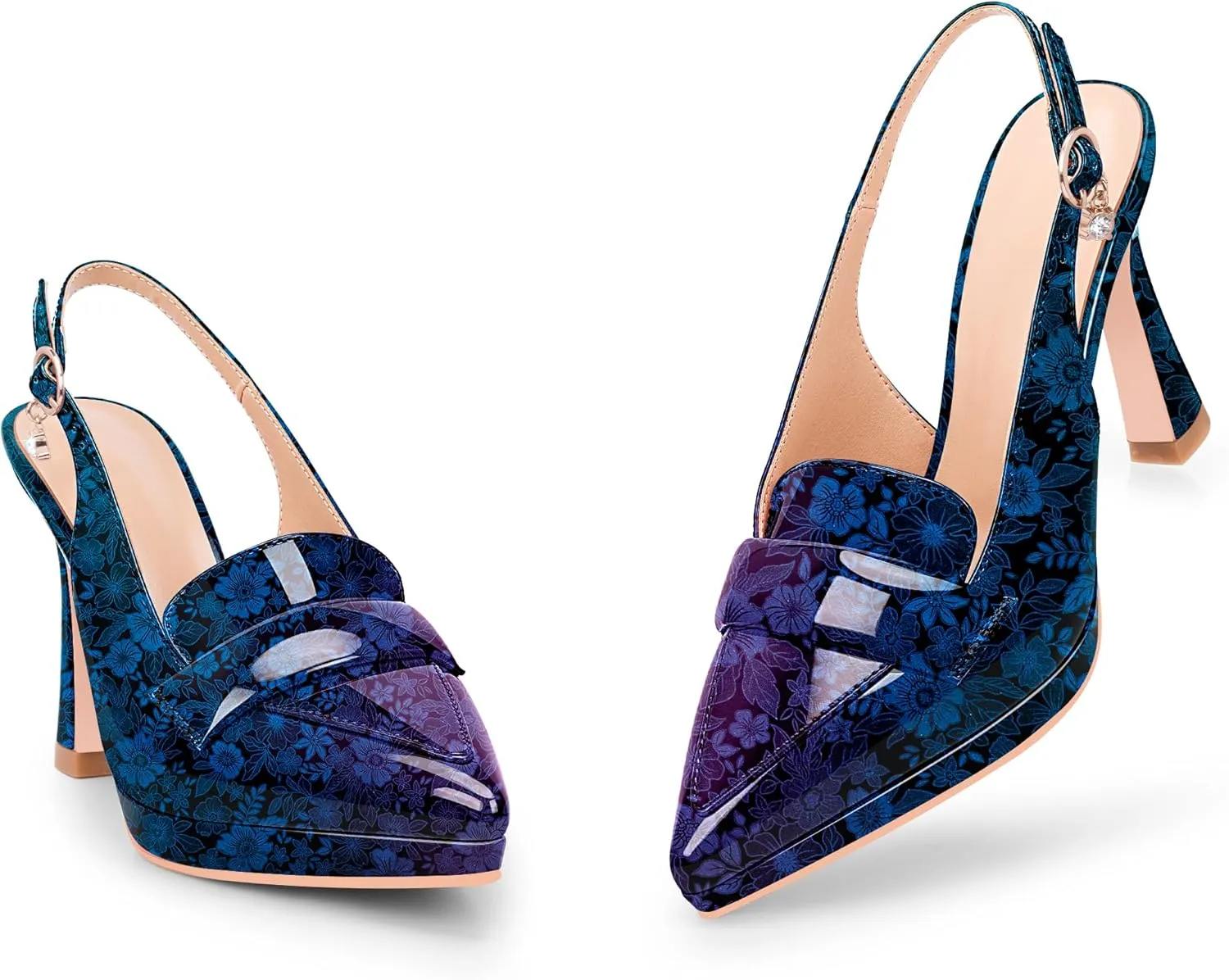 Women's Slingback High Heel Pointed Toe Platform Pumps Buckle Strap Patent Leather Dress Shoes