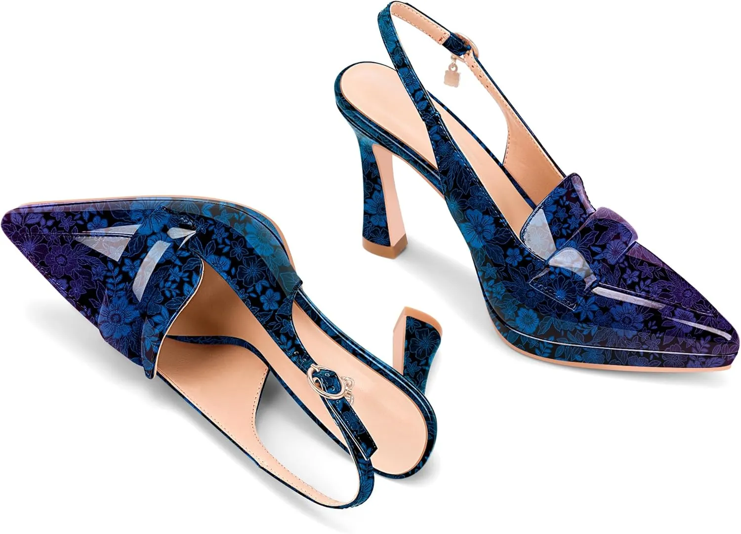 Women's Slingback High Heel Pointed Toe Platform Pumps Buckle Strap Patent Leather Dress Shoes