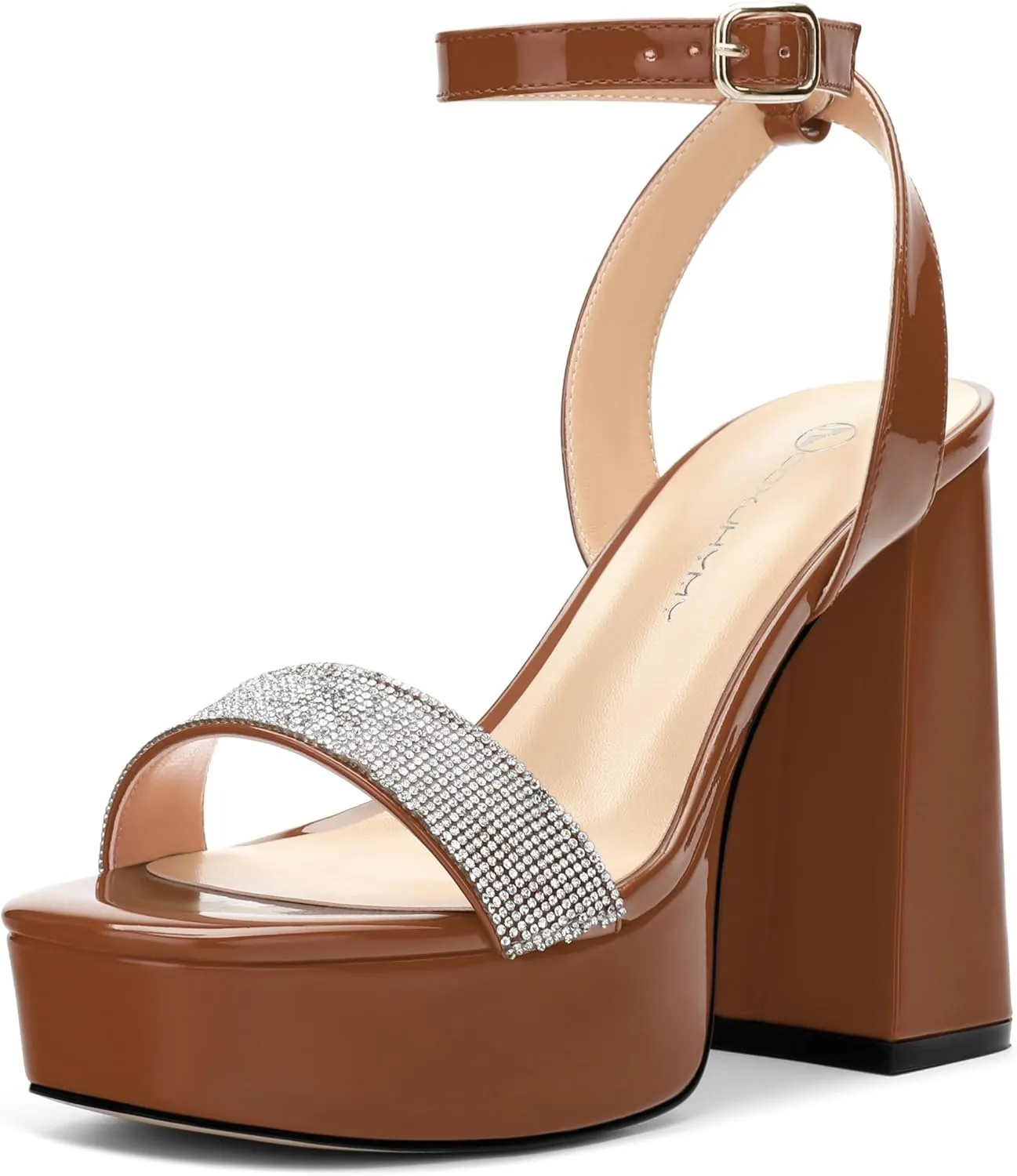 Women's Square Toe Rhinestone Crystal Platform Heels Sandals Ankle Strap Block Chunky Heel Dress Party High Heeled Pumps Shoes