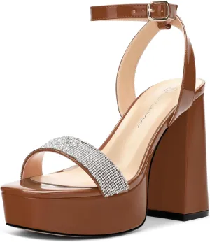 Women's Square Toe Rhinestone Crystal Platform Heels Sandals Ankle Strap Block Chunky Heel Dress Party High Heeled Pumps Shoes