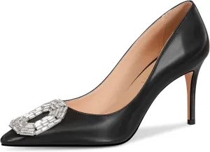 Women's Stiletto High Heel Pumps Wedding Party Closed Classic Dress Heeded Shoes with Crystal Decorative Buckle Decoration