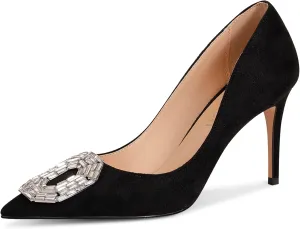 Women's Stiletto High Heel Pumps Wedding Party Closed Classic Dress Heeded Shoes with Crystal Decorative Buckle Decoration