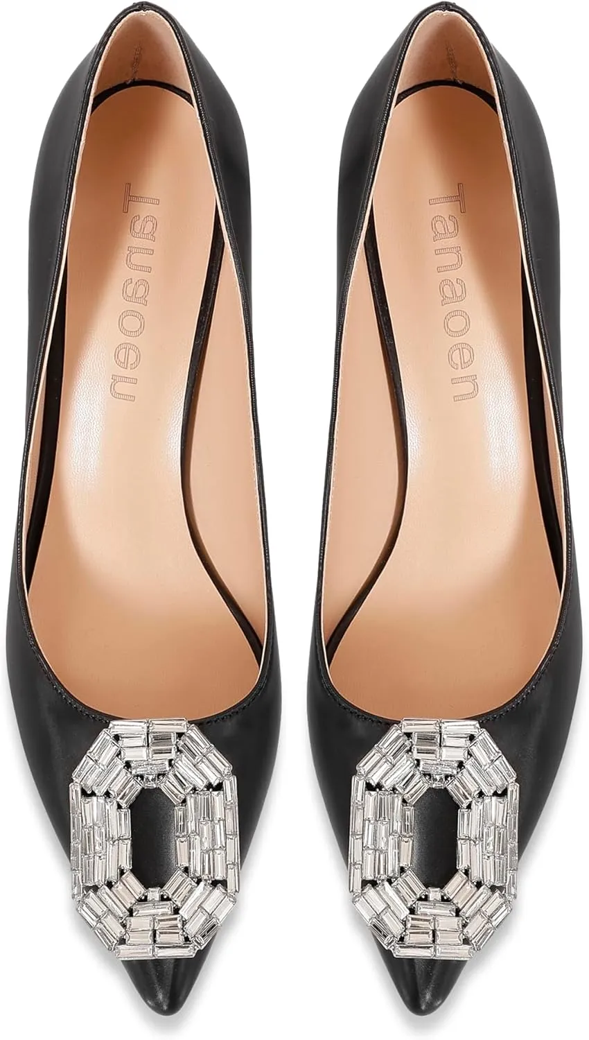 Women's Stiletto High Heel Pumps Wedding Party Closed Classic Dress Heeded Shoes with Crystal Decorative Buckle Decoration