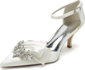 Women's Toe Satin Wedding for Bride Bridal Shoes with Ankle Buckle Strap Crystals Prom Party Pumps Sandals