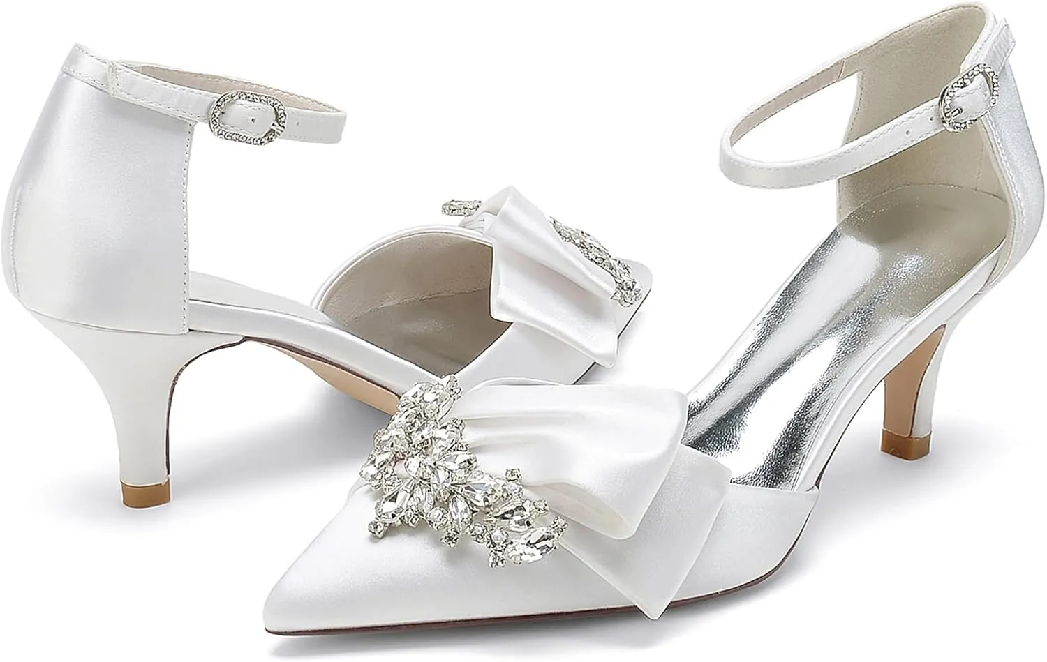 Women's Toe Satin Wedding for Bride Bridal Shoes with Ankle Buckle Strap Crystals Prom Party Pumps Sandals
